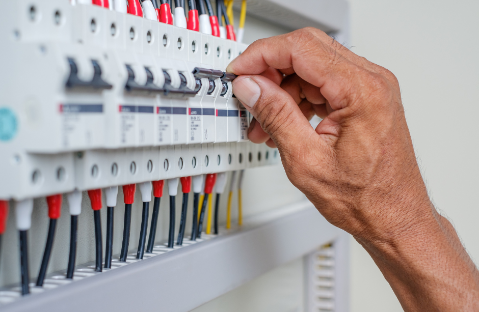 Quadro de distribuição elétrica com disjuntores
