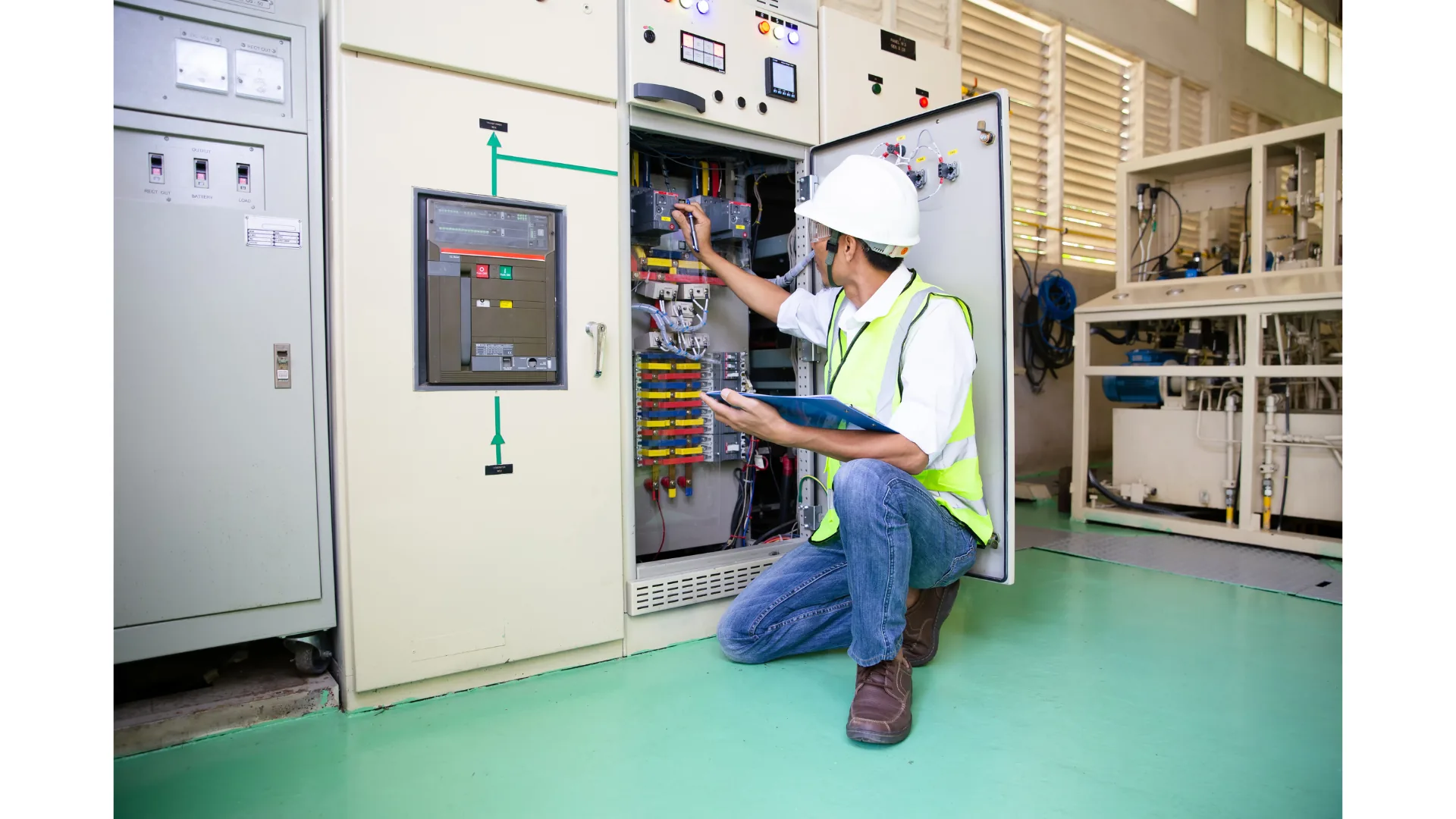 Técnico com capacete e colete refletivo operando um painel elétrico industrial
